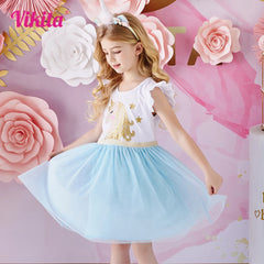 VIKITA Girls Flare Sleeve Summer Dress Kids Unicorn Print Patchwork Dress Girl Casual Mesh Tulle Princess Vestidos Kids Clothing