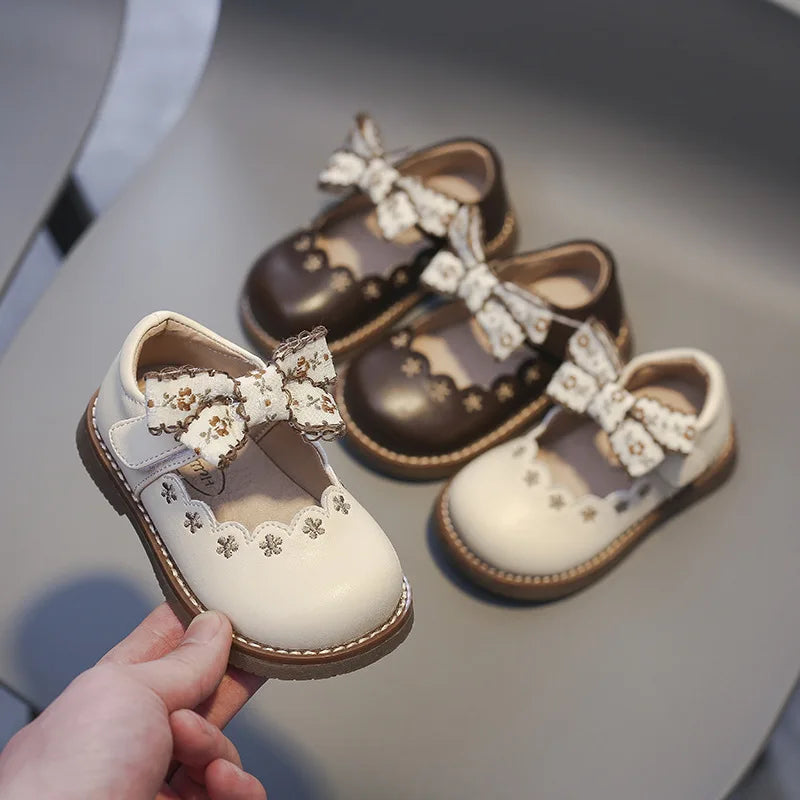 Spring Autumn Baby Girls Leather shoes Children Lace Bow Floral Princess Party Shoes Comfortable Soft-soled Infant Casual Shoes