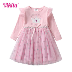 VIKITA Girls Pink Princess Dress Kids Crown Sequined Appliqued Dresses Girls Star Print Mesh Tulle Long Sleeve Casual Vestidos