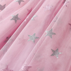 VIKITA Girls Pink Princess Dress Kids Crown Sequined Appliqued Dresses Girls Star Print Mesh Tulle Long Sleeve Casual Vestidos